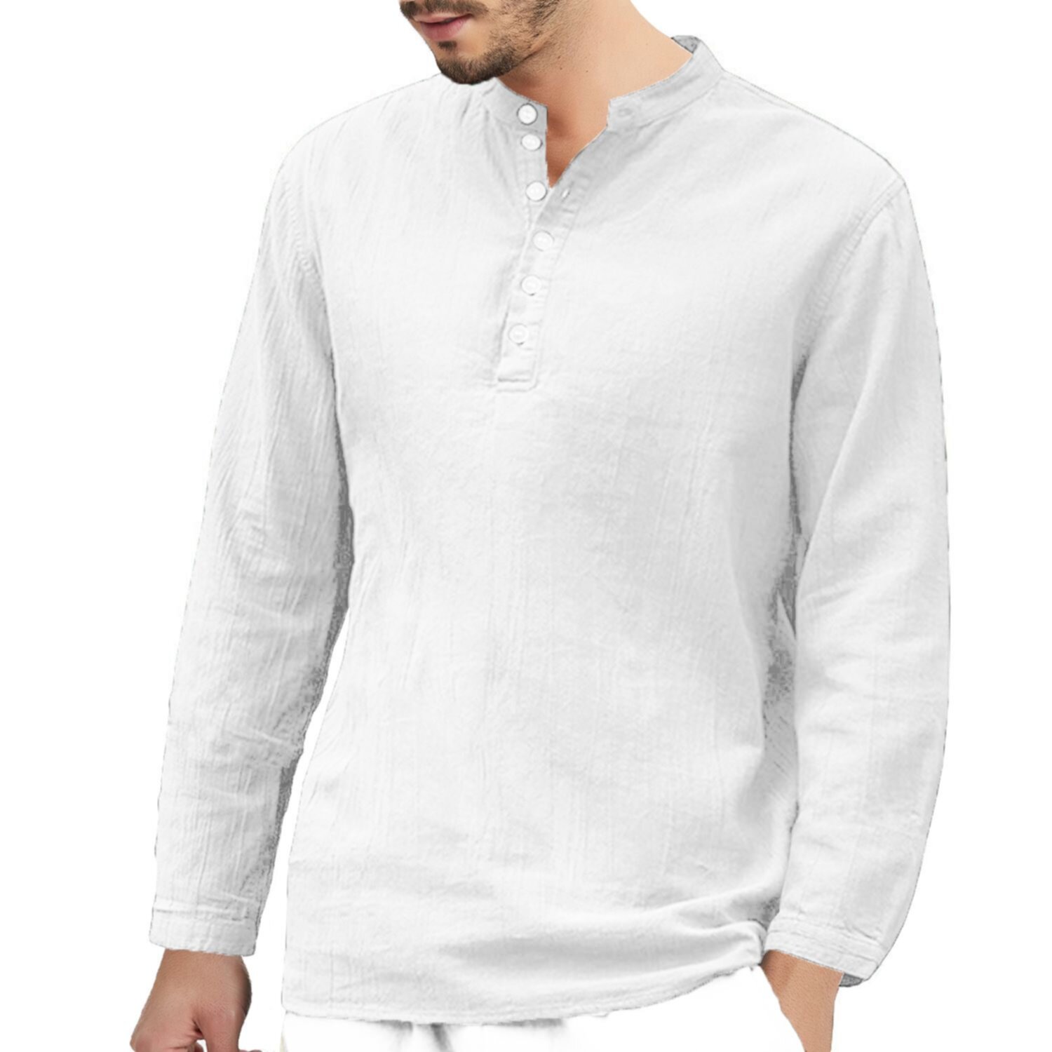 Solid cotton linen long sleeve round neck button shirt